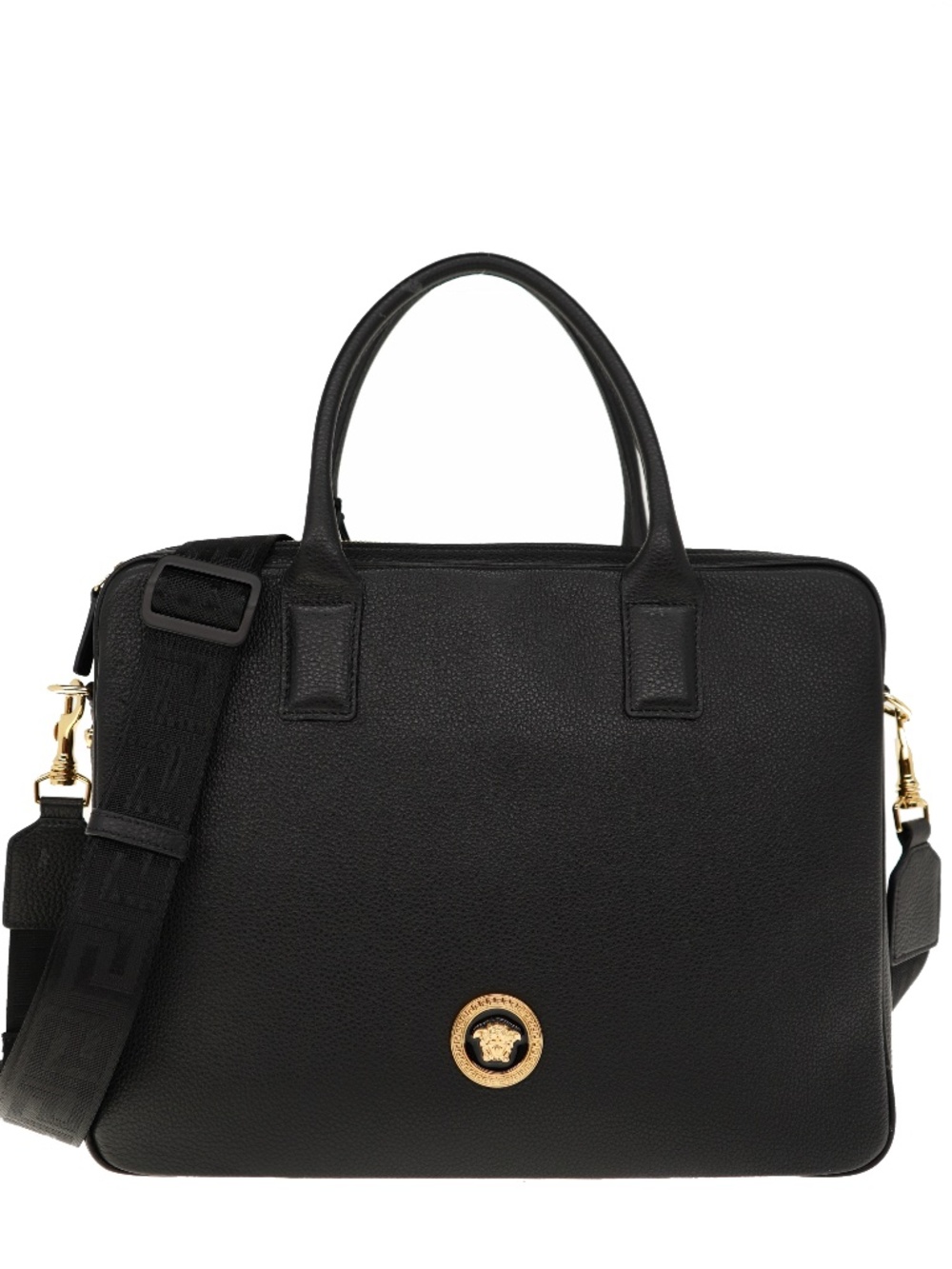 Versace Medusa Briefcase Document Case Black Grainy Leather New
